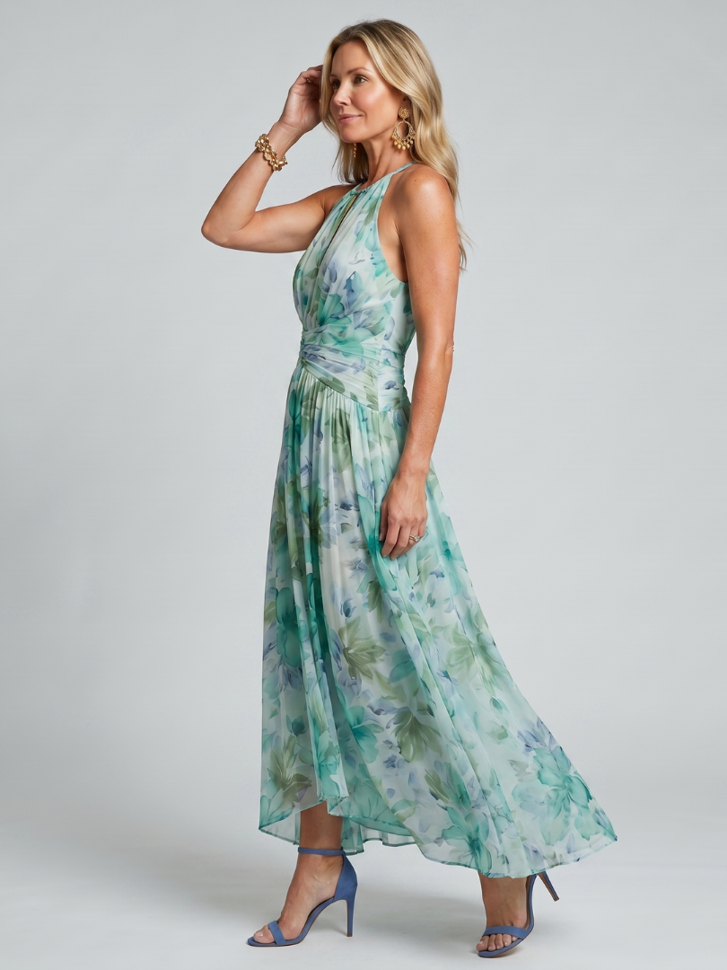 Portia | Vestido Midi de Flores con Pliegues y Cuello Halter