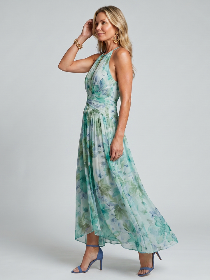 Portia | Vestido Midi de Flores con Pliegues y Cuello Halter