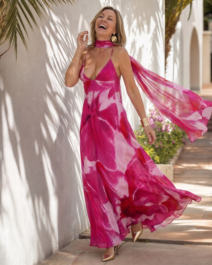 Vineya | Vestido Maxi de Tirantes con Estampado Acuarela