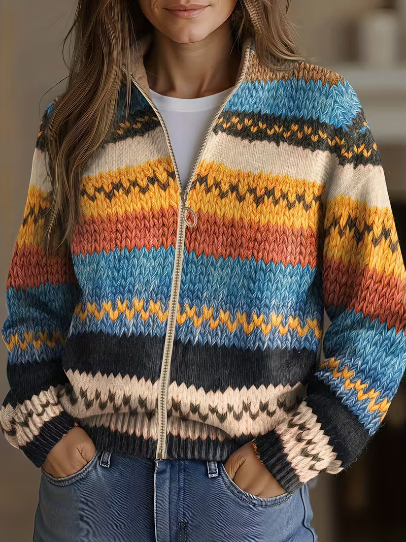 Yseult™ | Cárdigan Multicolor de Punto con Diseño de Rayas Zigzag