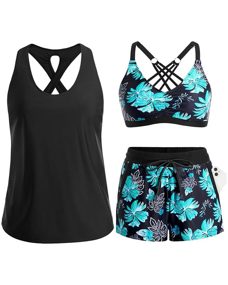 Maren | Conjunto de bikini tankini de tres piezas y pareo