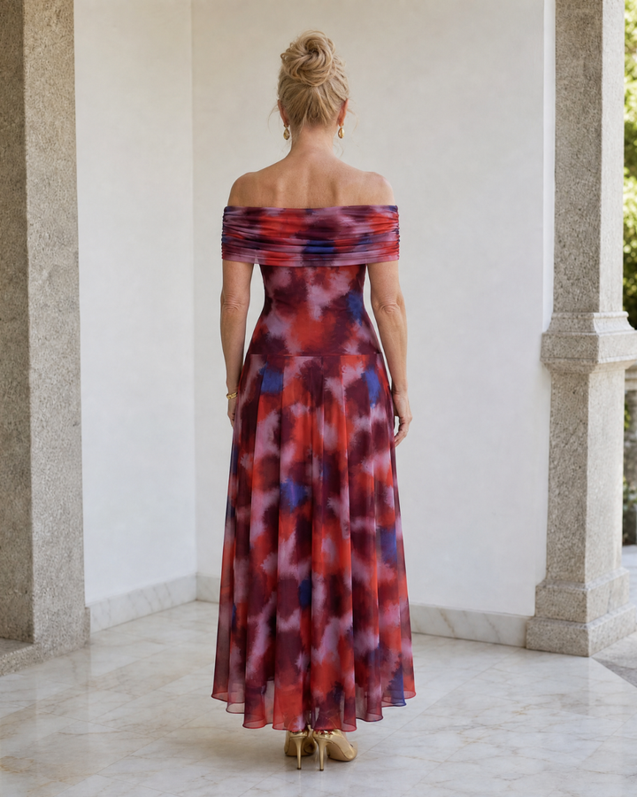 Violla | Vestido Midi Fluido con Estampado Acuarela y Hombros Descubiertos