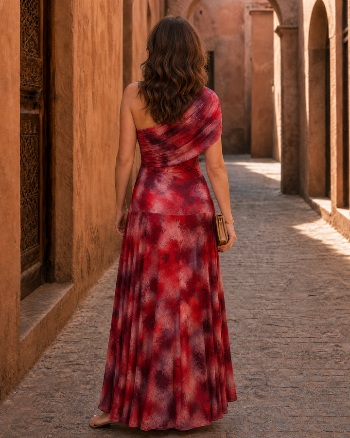 Zarephine | Vestido Maxi Fluido de Impresión Acuarela de Un Hombro
