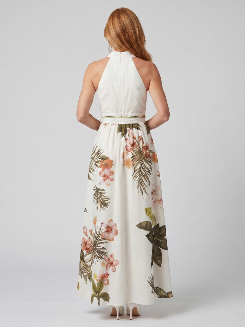 Pradera™ | Vestido Maxi Botánico con Cuello Halter Drapeado