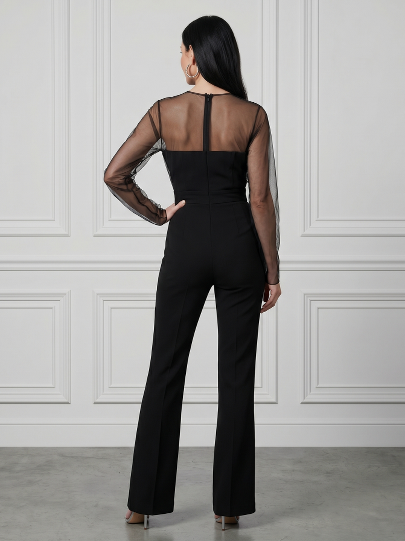 Oksana™ | Mono con cuerpo ajustado, mangas transparentes y pernera acampanada