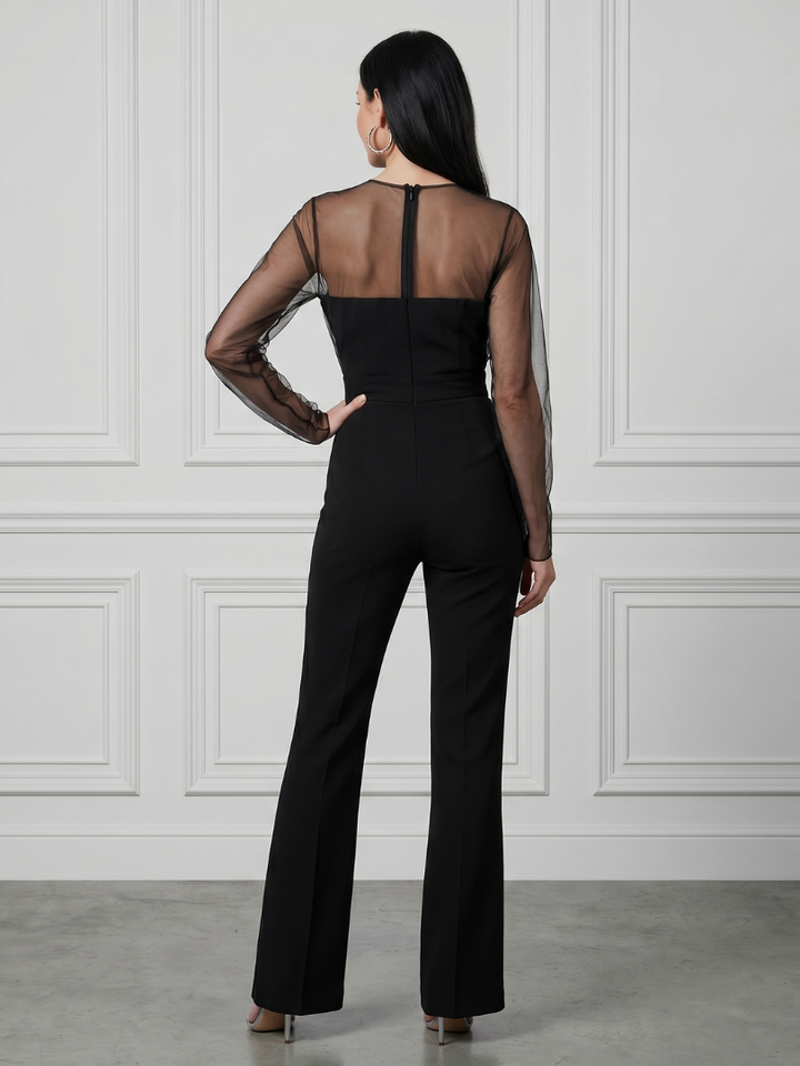 Oksana™ | Mono con cuerpo ajustado, mangas transparentes y pernera acampanada