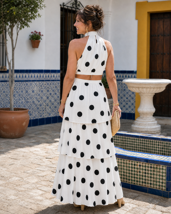 Lysa | Conjunto de Top Halter de Lunares y Falda Maxi con Volantes