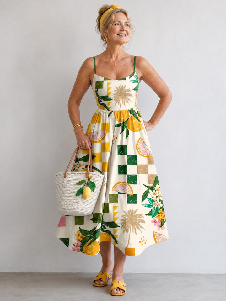 Aurexia | Vestido Midi Sin Mangas con Estampado Cítrico