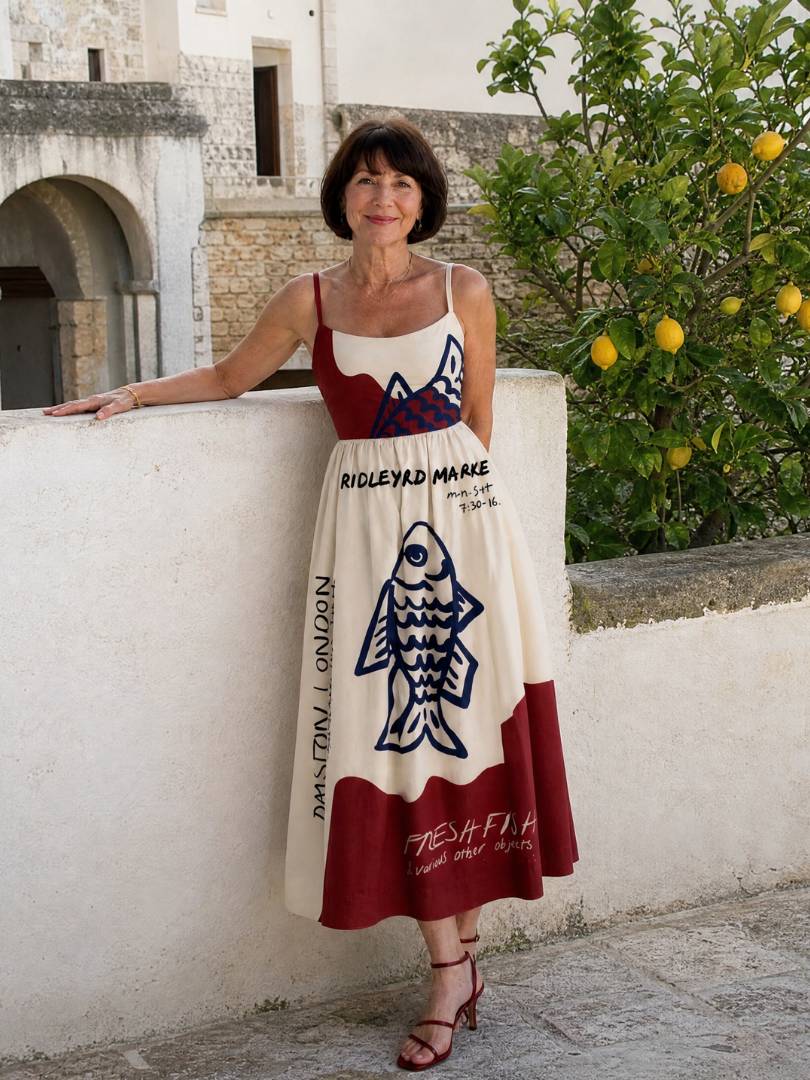 Eiope | Vestido Midi Sin Mangas con Gráfico de Peces