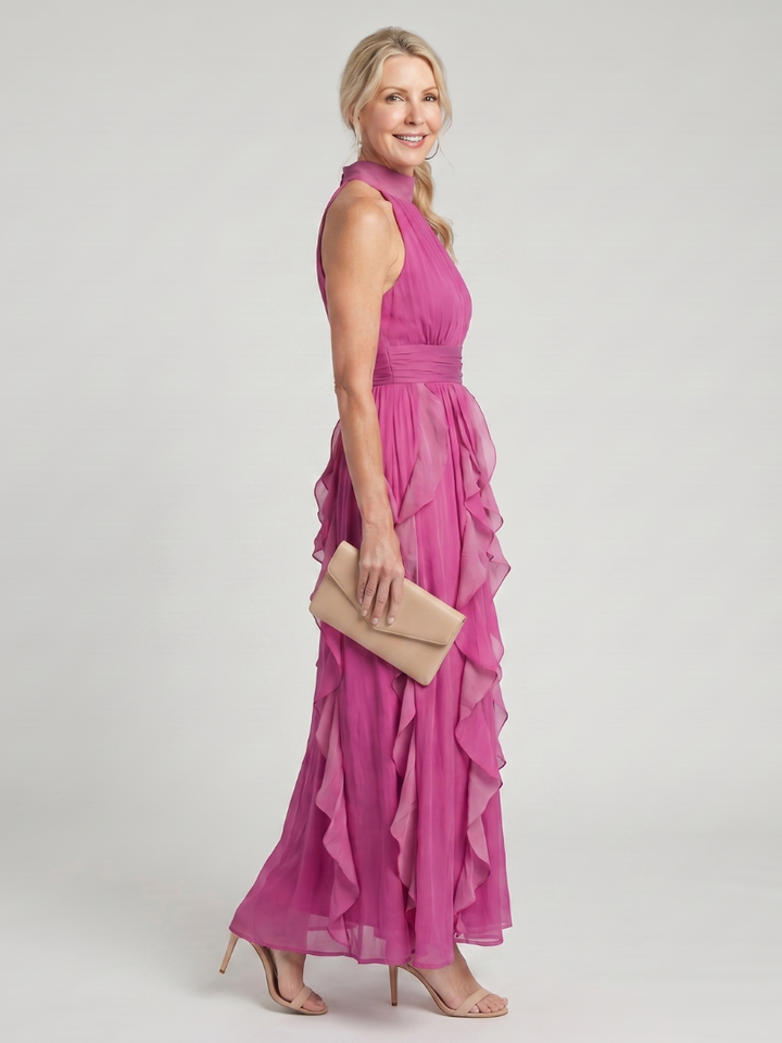 Orea | Vestido Maxi con Cuello Alto y Capas de Volantes