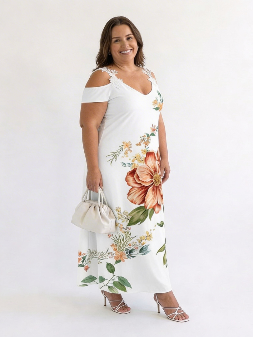 Camila | Vestido largo de corte A con estampado floral y hombros descubiertos