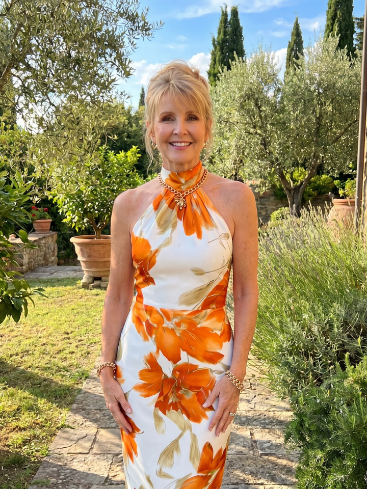 Zinnara | Vestido Midi de Flores con Cuello Halter