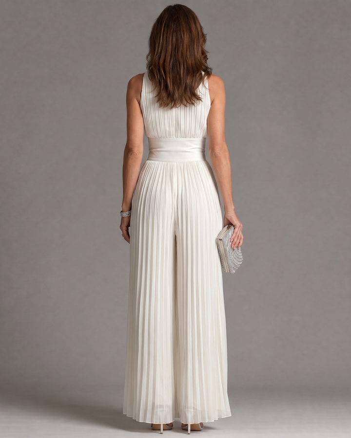 Zakira | Mono de Pierna Ancha con Cuello Halter Plisado