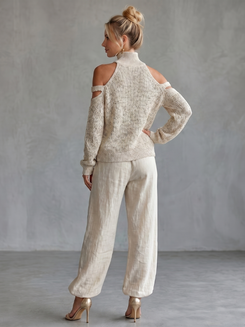 Questa™ | Conjunto de punto con hombros descubiertos y pantalón de pernera ancha