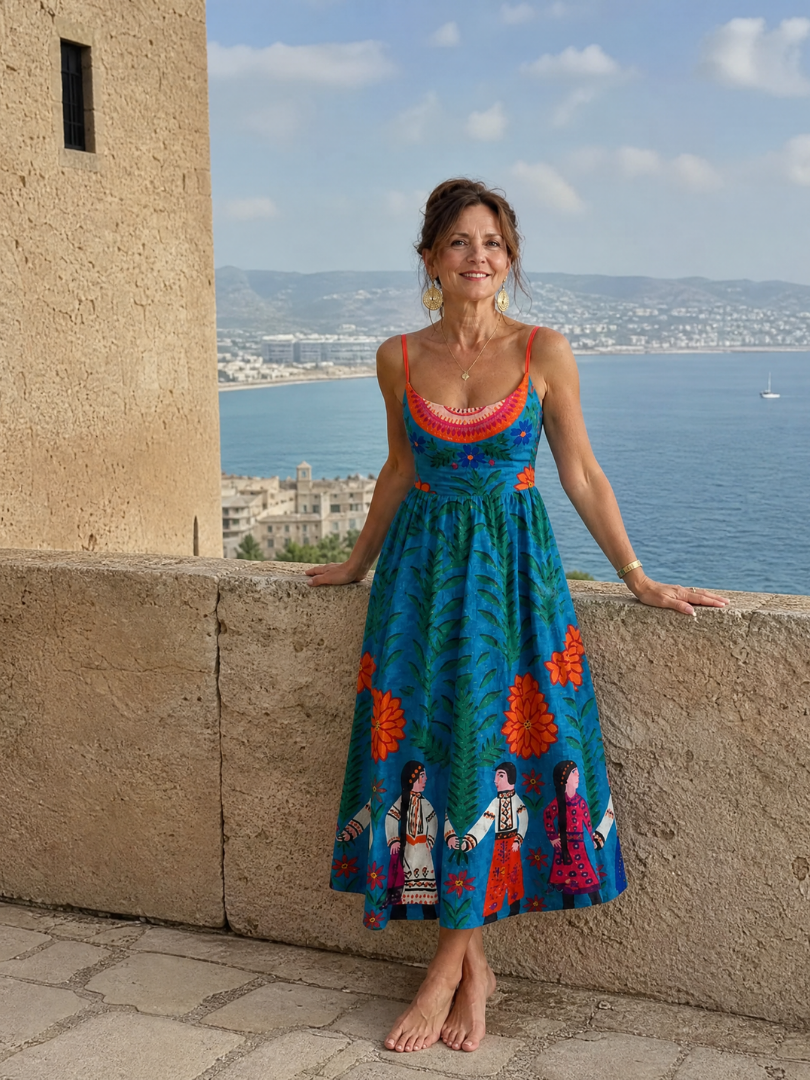 Xylienne | Vestido Midi Sin Mangas de Estampado Folk