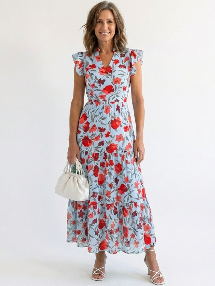 Lidia | Vestido midi escalonado con escote en V y estampado floral