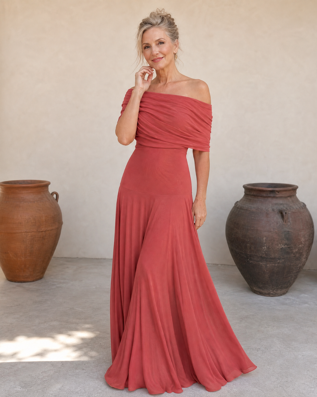 Valerinne | Vestido Maxi Fluido con Cuerpo Drapado y Hombros Descubiertos