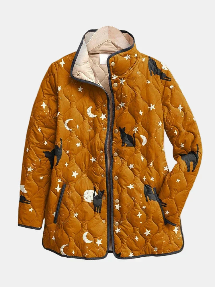 Eira | Casual Black Cat Halloween Print Quilted Jacket