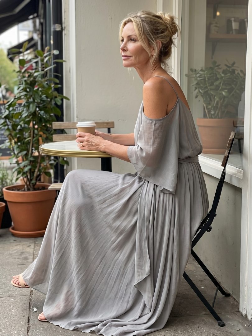 Marisol™ | Conjunto de top con hombros descubiertos y capas y pantalón de pernera ancha