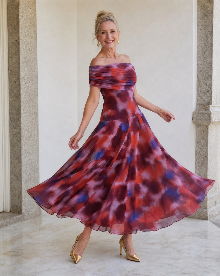 Violla | Vestido Midi Fluido con Estampado Acuarela y Hombros Descubiertos