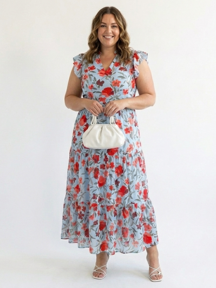 Lidia | Vestido midi escalonado con escote en V y estampado floral