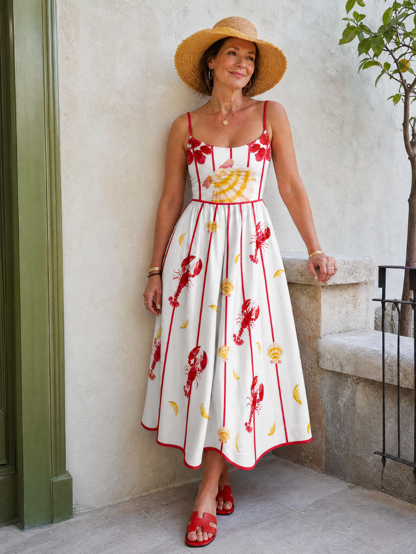 Coriselle | Vestido Midi con Estampado de Langosta y Conchas