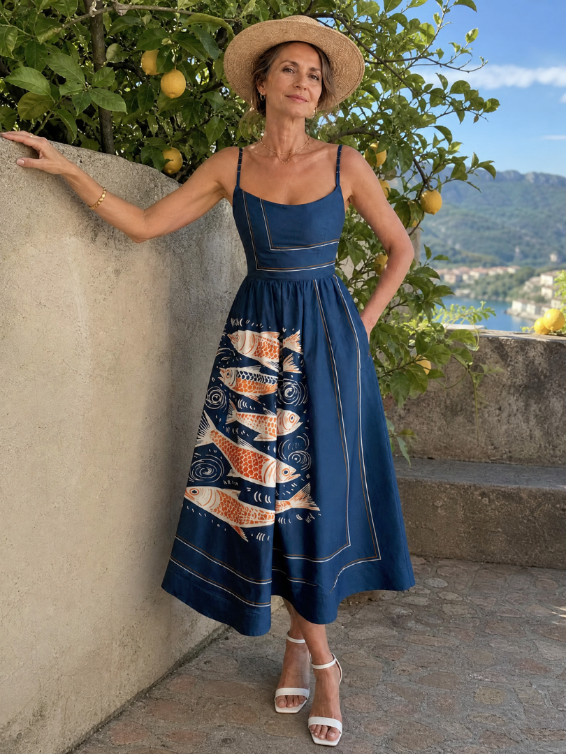 Calythene | Vestido midi sin mangas con estampado de peces