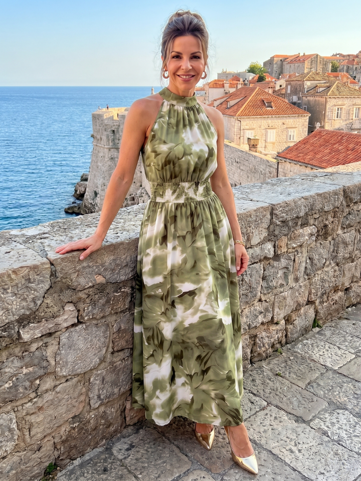 Olivia | Vestido Midi de Print Abstracto con Cintura Fruncida