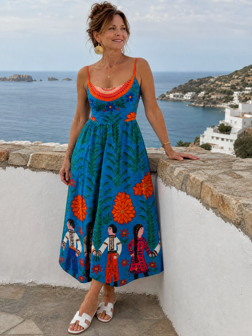 Xylienne | Vestido Midi Sin Mangas de Estampado Folk