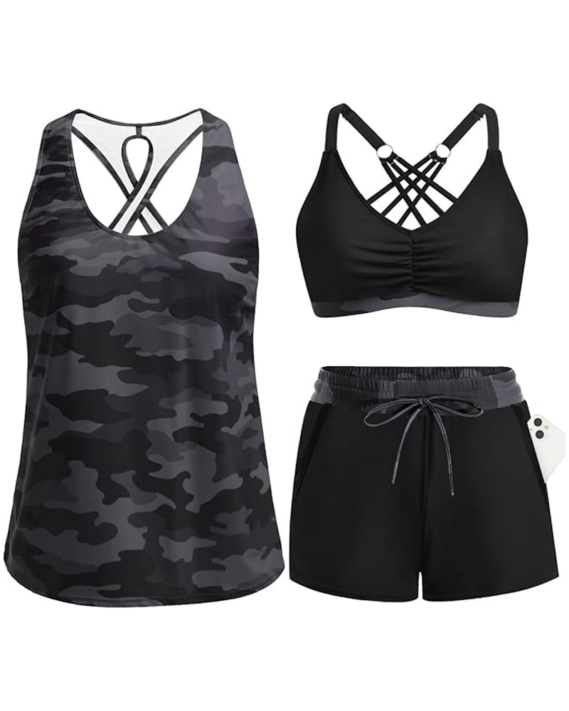 Maren | Conjunto de bikini tankini de tres piezas y pareo