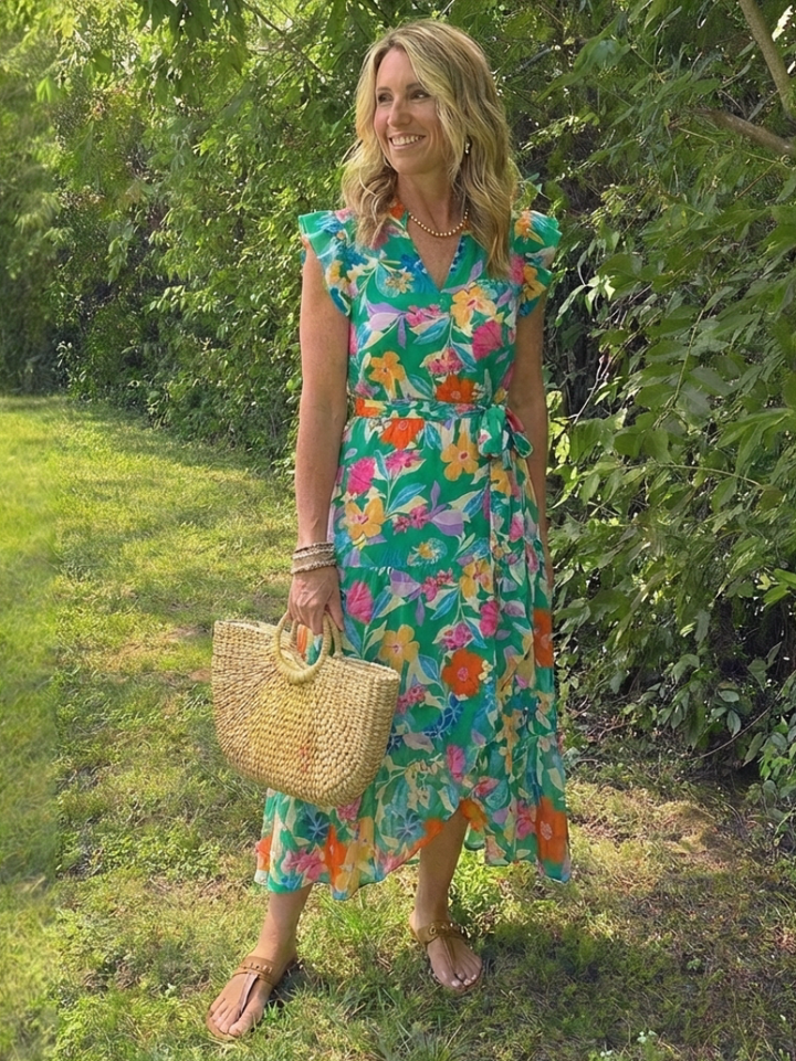 Lidia | Vestido midi escalonado con escote en V y estampado floral