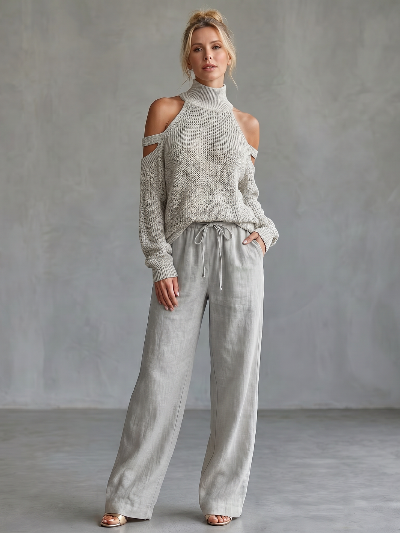 Questa™ | Conjunto de punto con hombros descubiertos y pantalón de pernera ancha