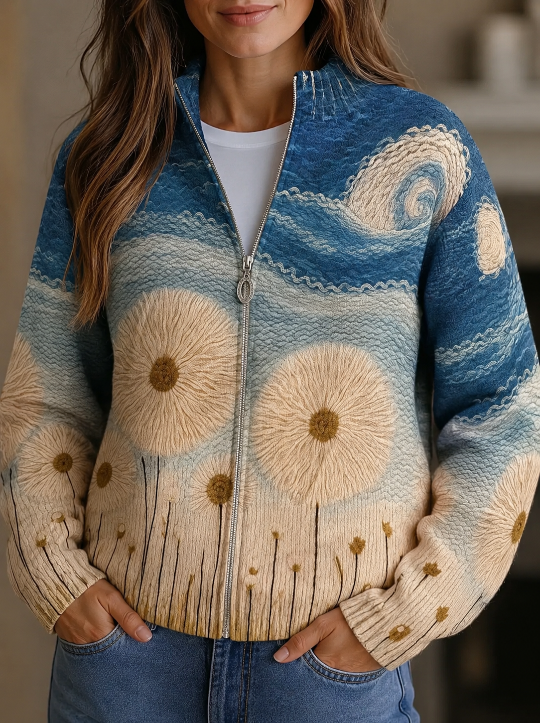Yolanda™ | Cárdigan acolchado con cremallera en diseño de pradera de diente de león