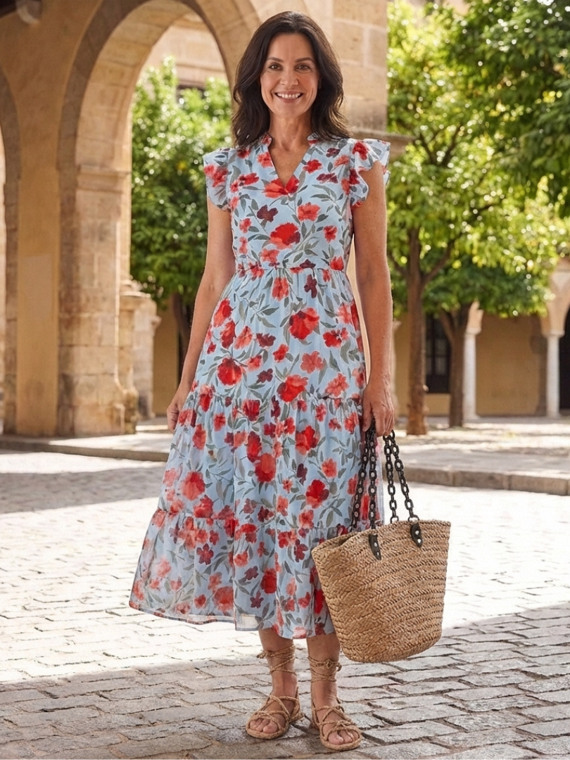 Lidia | Vestido midi escalonado con escote en V y estampado floral