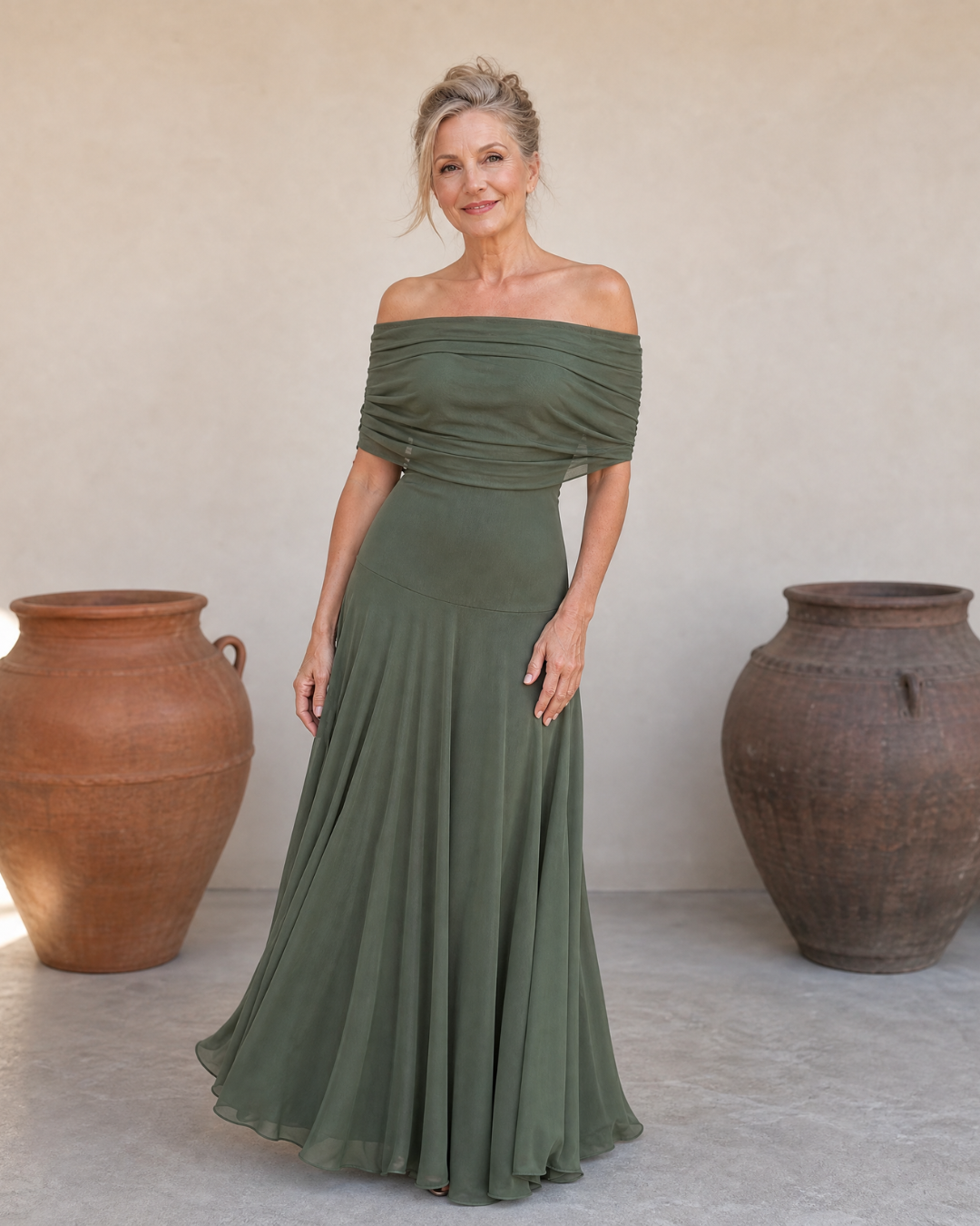 Valerinne | Vestido Maxi Fluido con Cuerpo Drapado y Hombros Descubiertos