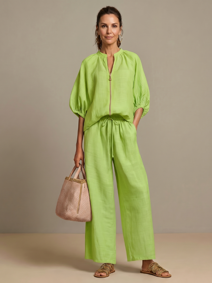 Natalia™ | Conjunto blusa cremallera y pantalón ancho