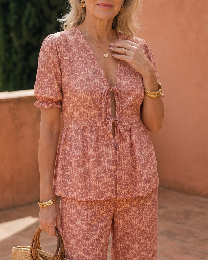 Somar | Conjunto de Top de Manga Abullonada de Estampado Floral y Pantalones de Pierna Recta