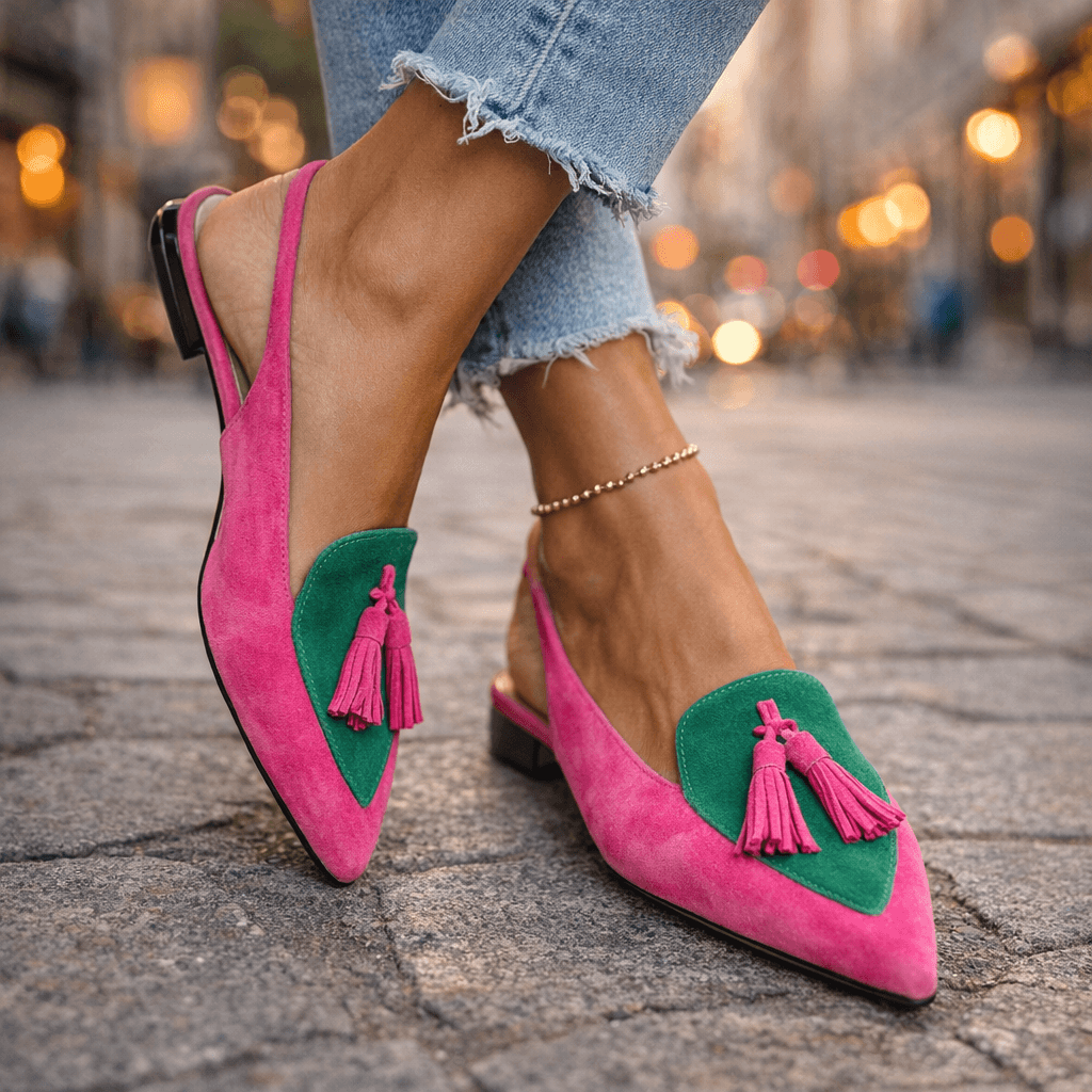 Lorena™ | Mules Bicolor Elegantes con Pompones