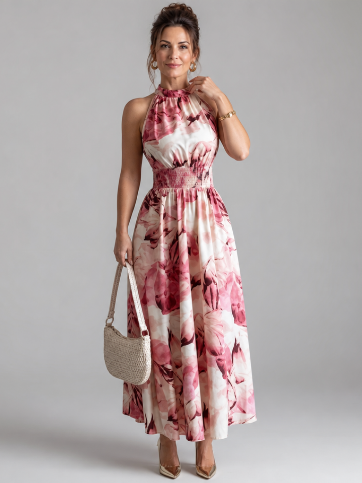 Olivia | Vestido Midi de Print Abstracto con Cintura Fruncida