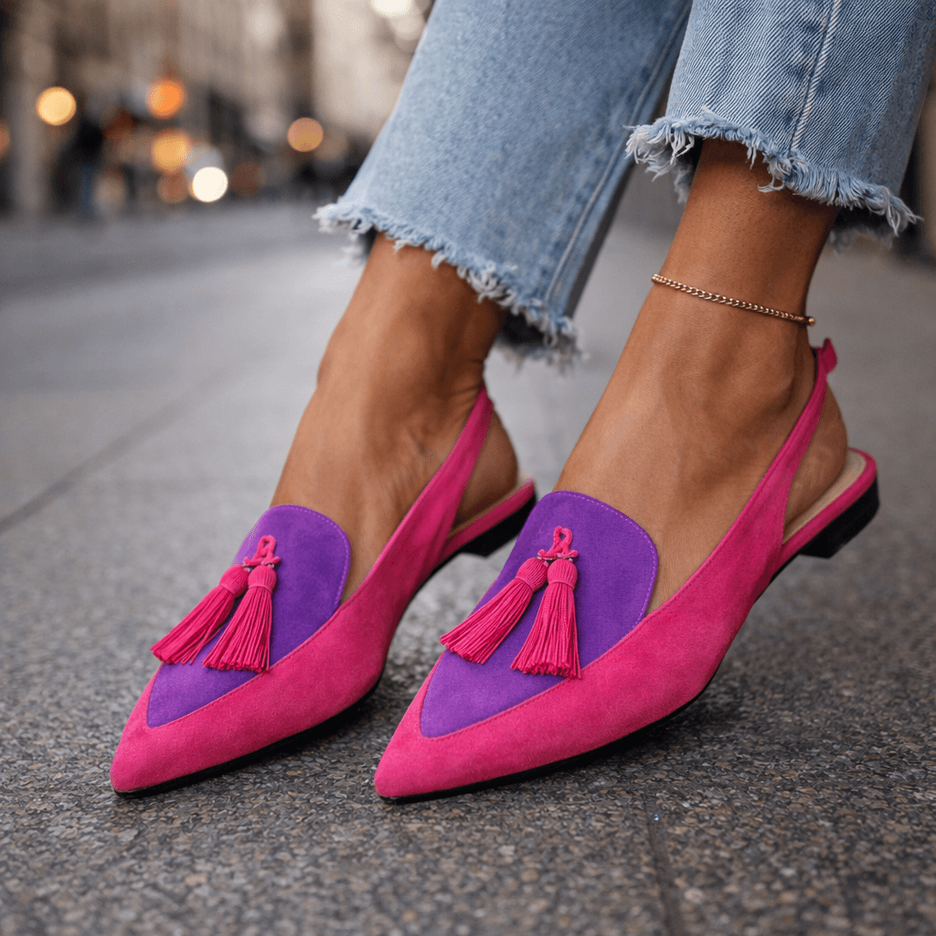 Lorena™ | Mules Bicolor Elegantes con Pompones
