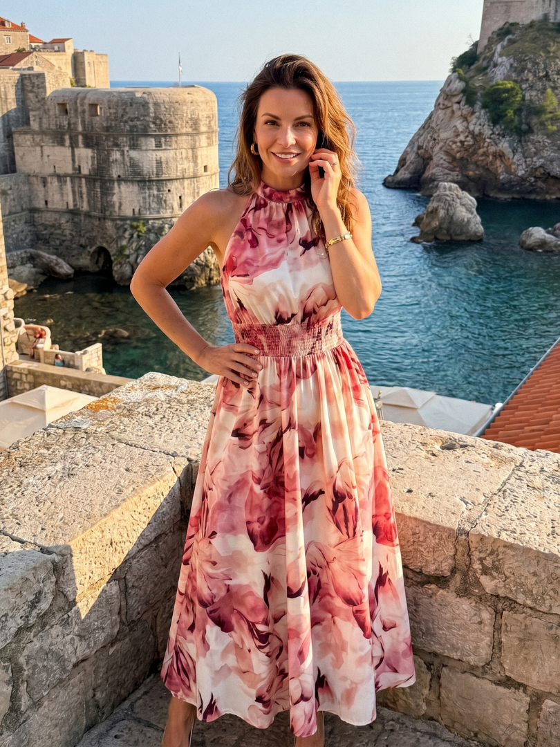 Olivia | Vestido Midi de Print Abstracto con Cintura Fruncida