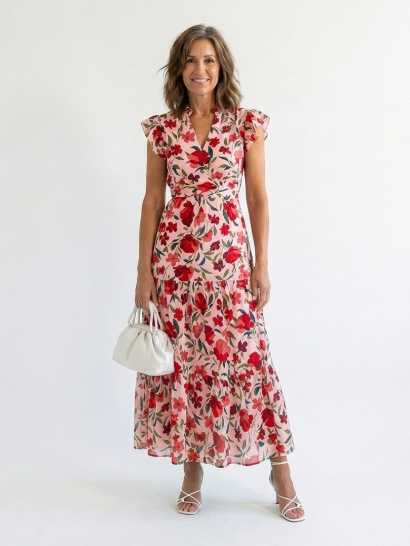 Lidia | Vestido midi escalonado con escote en V y estampado floral