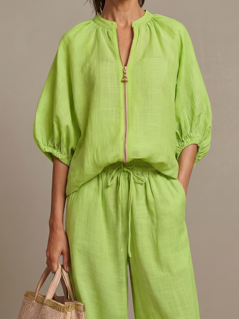 Natalia™ | Conjunto blusa cremallera y pantalón ancho