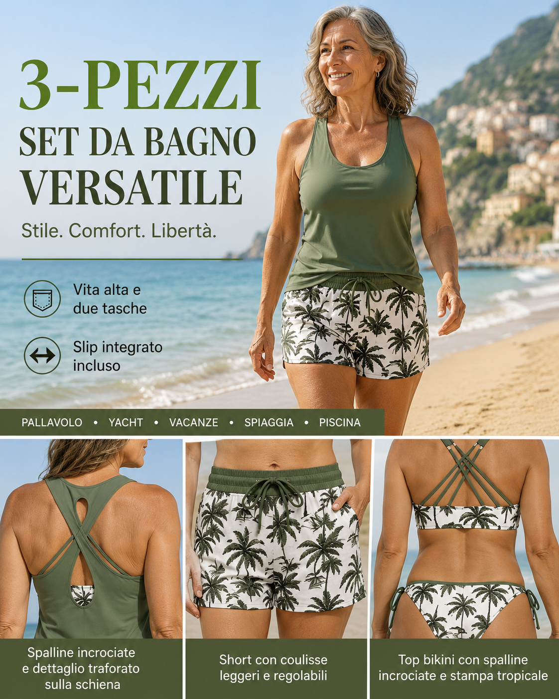 Maren | Conjunto de bikini tankini de tres piezas y pareo