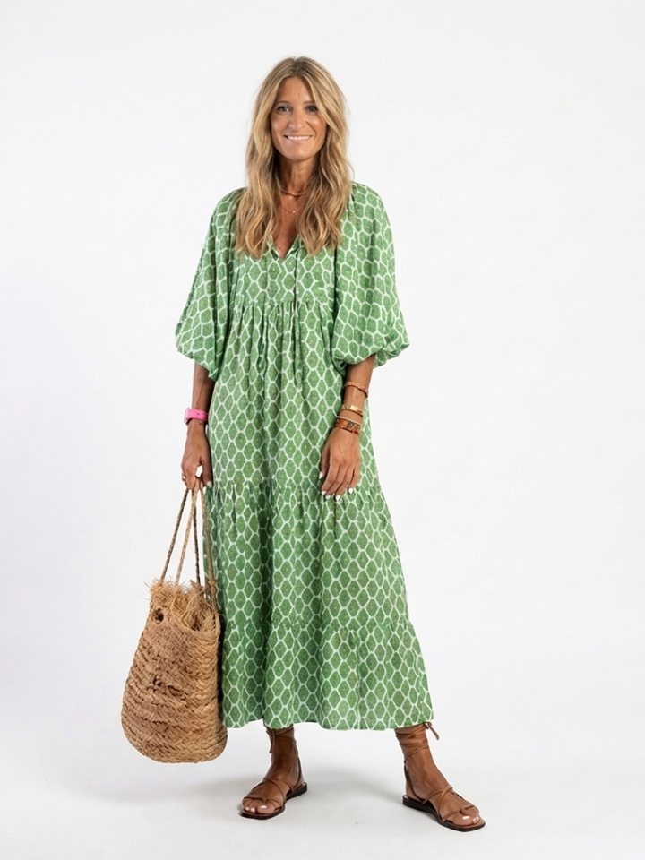Amapola | Vestido midi estampado con escote en V y manga tres cuartos