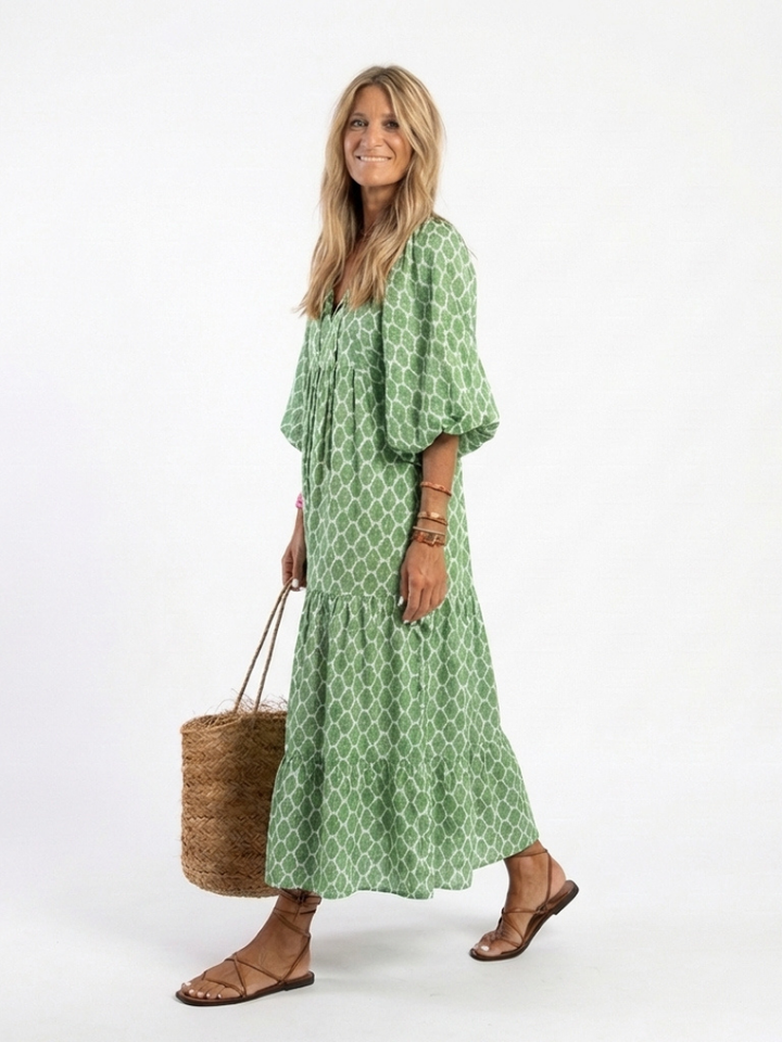 Amapola | Vestido midi estampado con escote en V y manga tres cuartos
