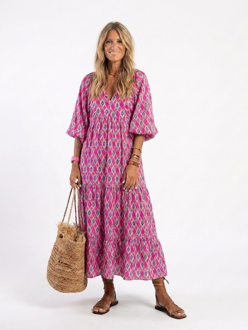 Amapola | Vestido midi estampado con escote en V y manga tres cuartos