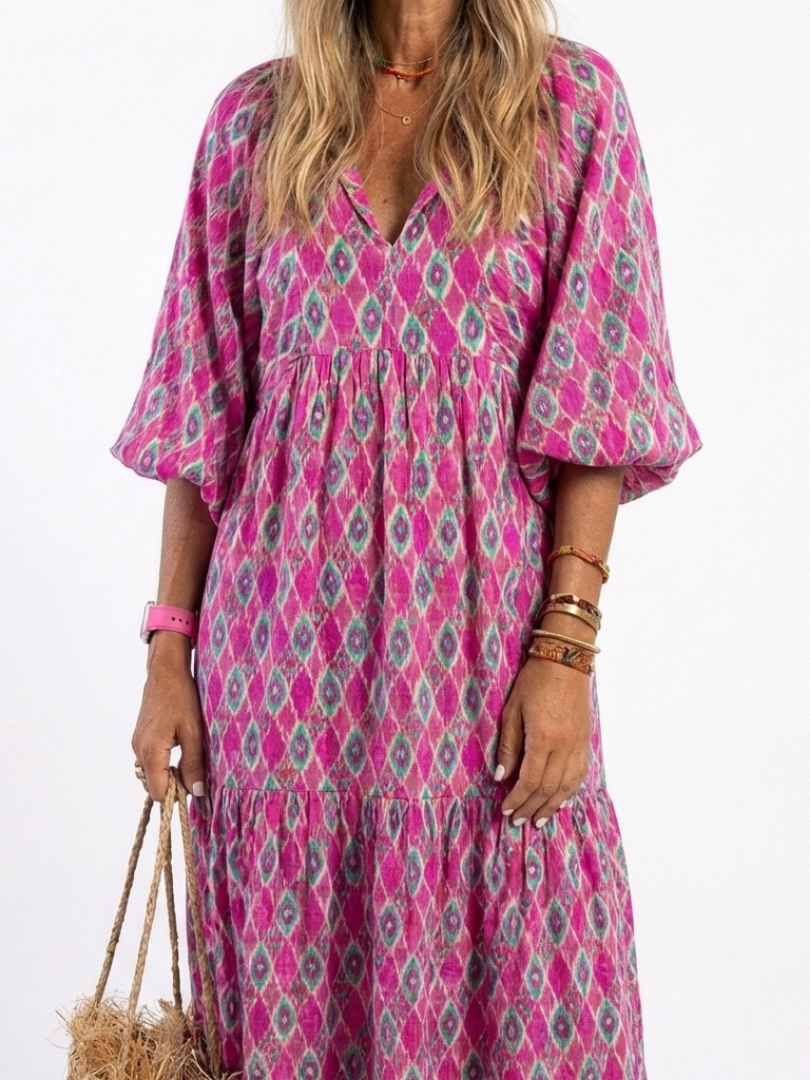 Amapola | Vestido midi estampado con escote en V y manga tres cuartos