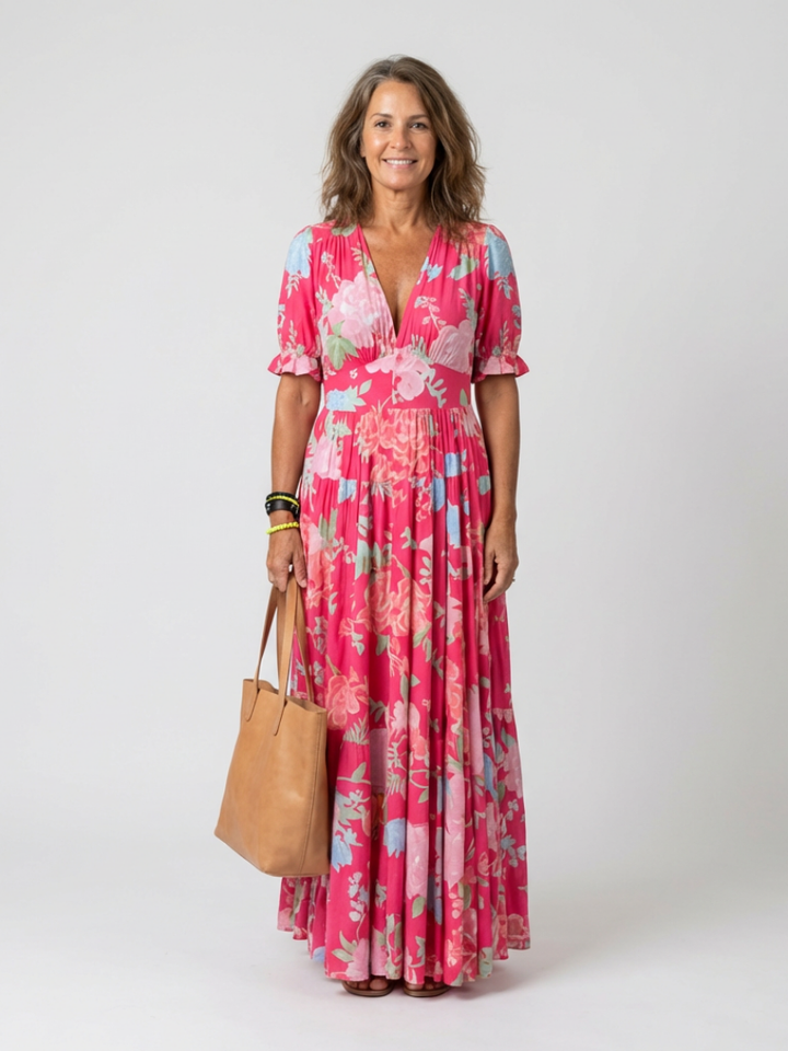 Lorena | Vestido midi floral de manga corta con escote en V