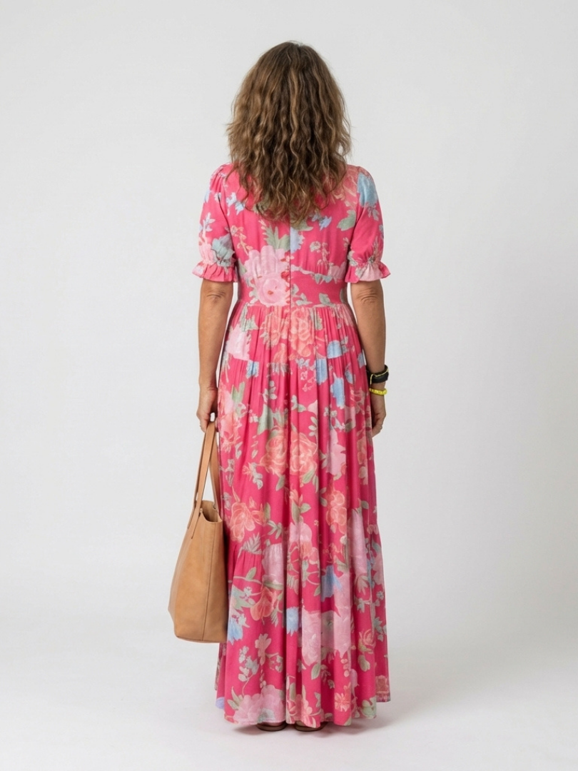 Lorena | Vestido midi floral de manga corta con escote en V